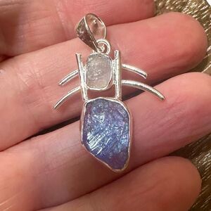 Raw Tanzanite Crystal Rainbow Moonstone 925 Sterling Silver Pendant